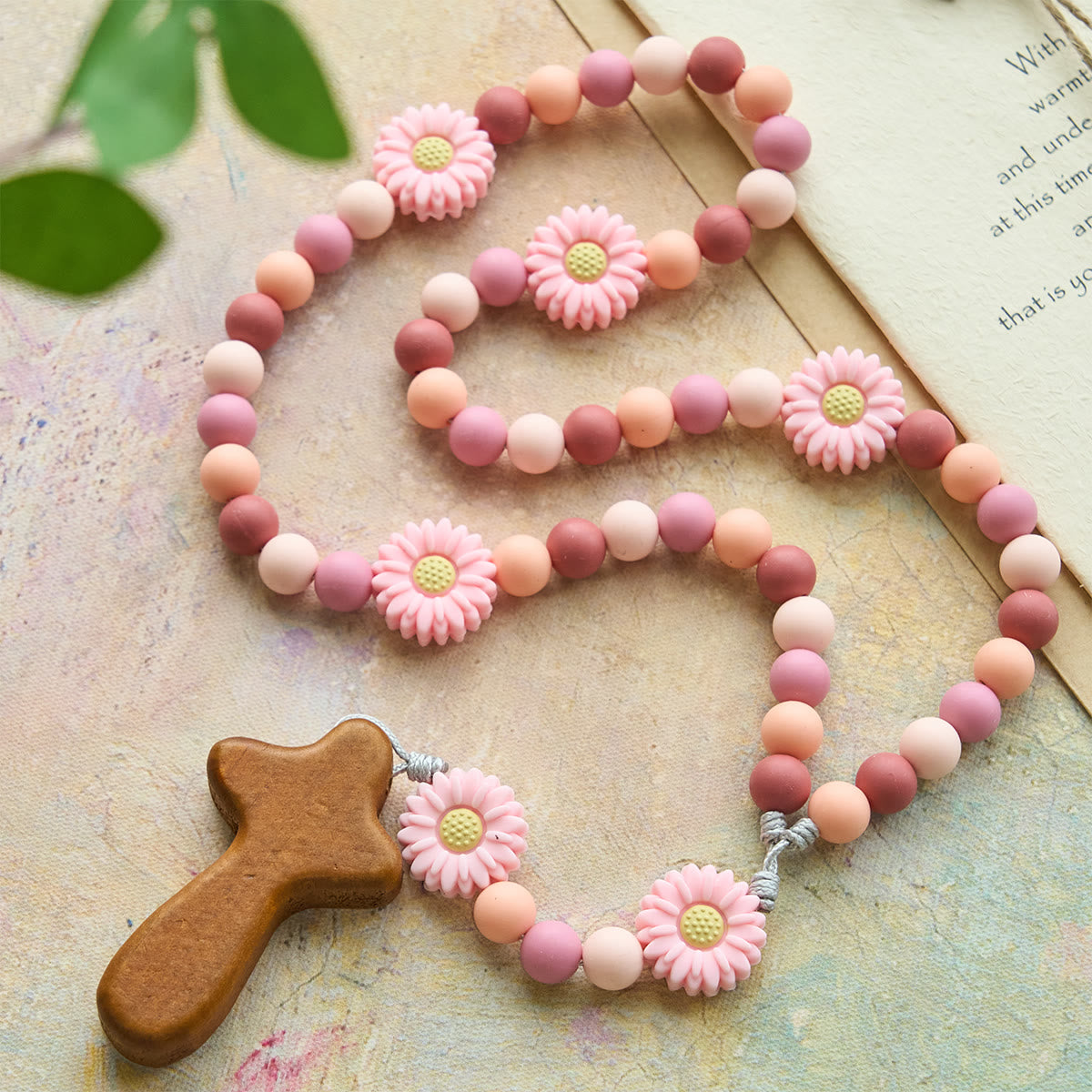 Children’s Silicone Pink Daisy Rosary with Wood Cross