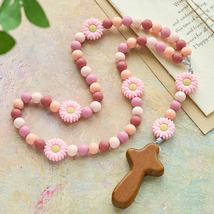 Children’s Silicone Pink Daisy Rosary with Wood Cross