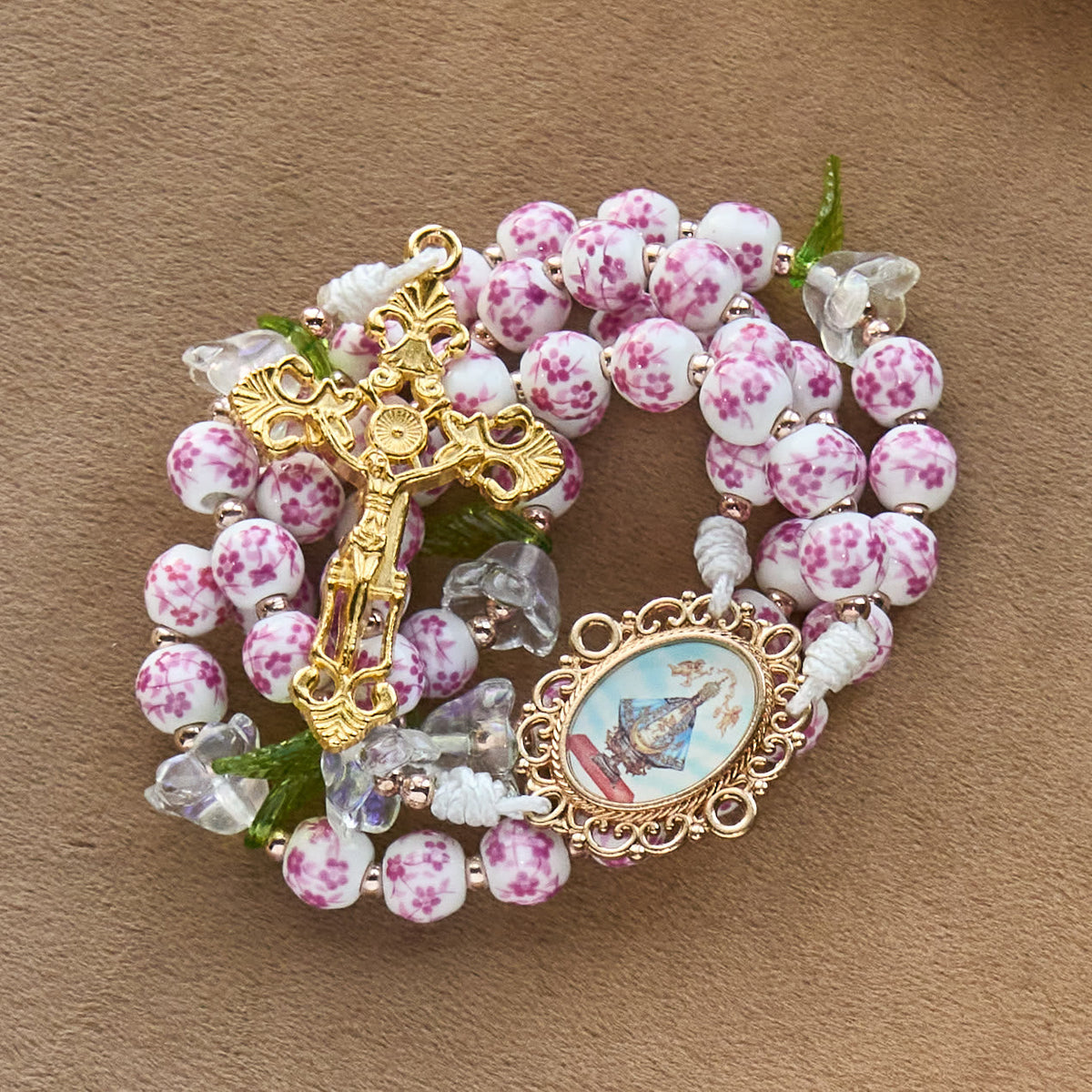 Porcelain Rosary with Lily Details: Devotion in Bloom & Spiritual Nourishment