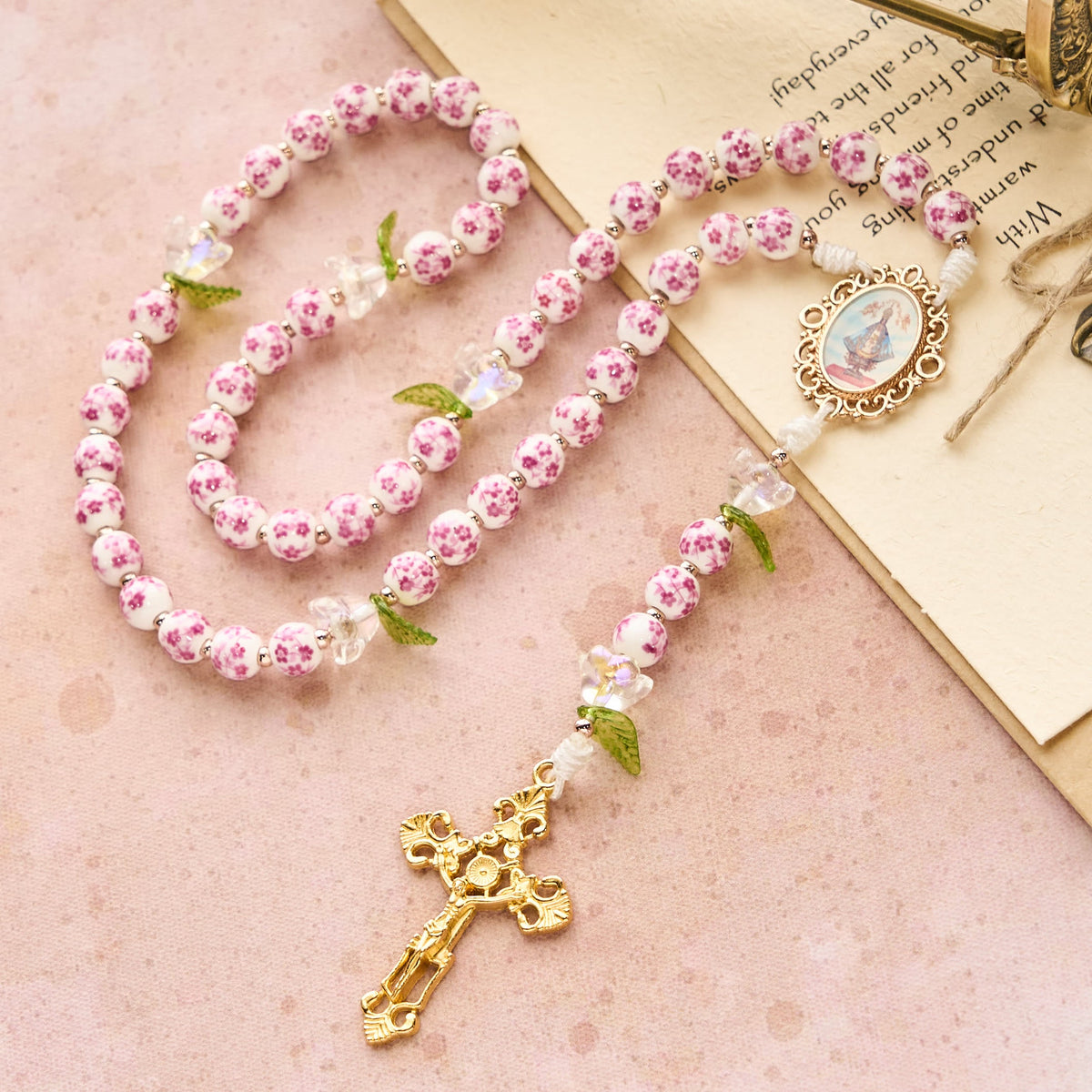 Porcelain Rosary with Lily Details: Devotion in Bloom & Spiritual Nourishment