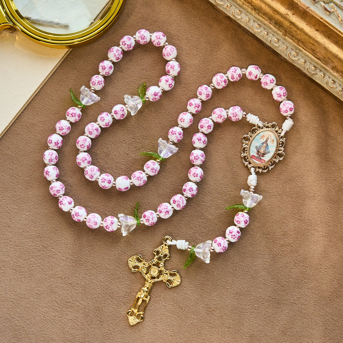 Porcelain Rosary with Lily Details: Devotion in Bloom & Spiritual Nourishment