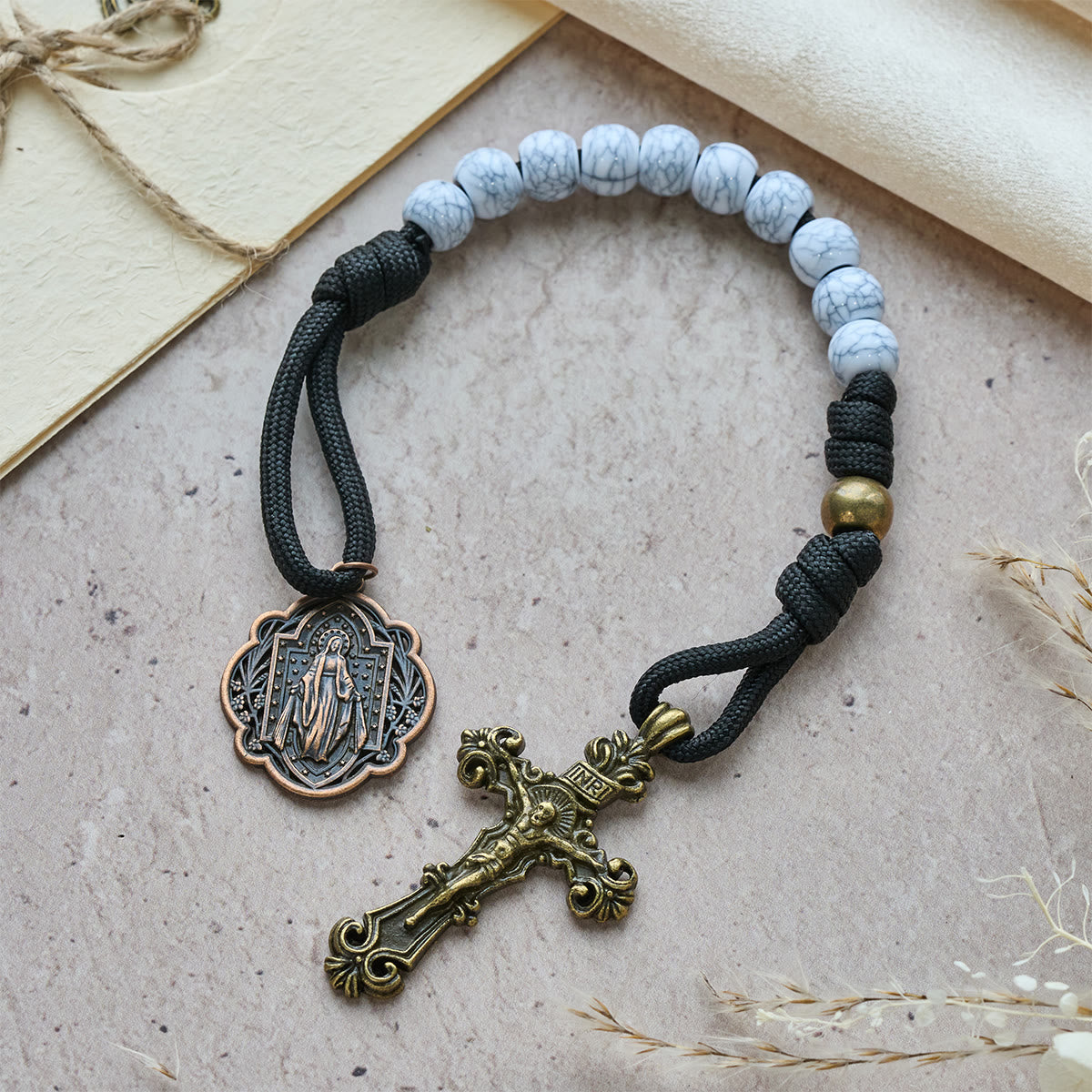 Matte White Crackle Beads Pocket Rosary with Brass Sacred Cross