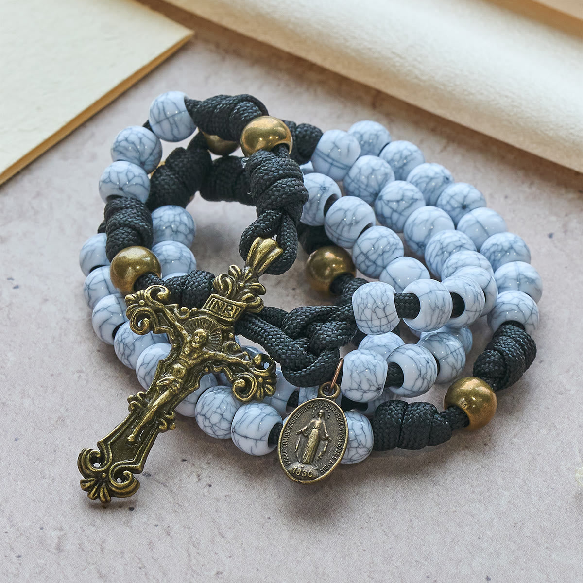 Matte White Crackle Beads with Ornate Brass Crucifix Rosary, Pocket Rosary