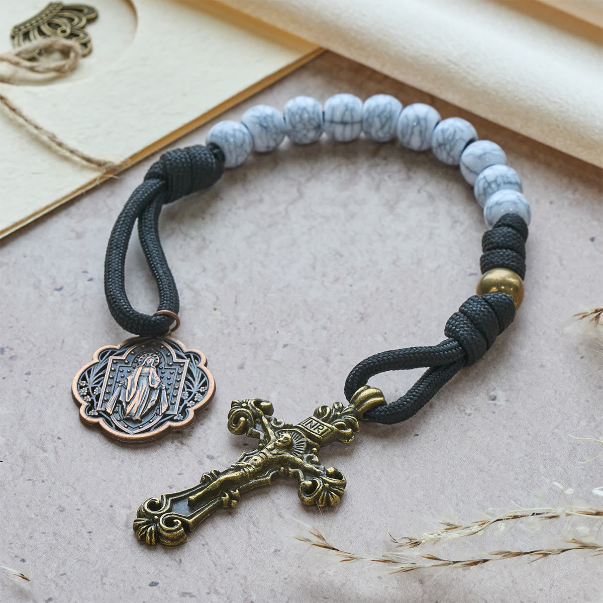 Matte White Crackle Beads with Ornate Brass Crucifix Rosary, Pocket Rosary