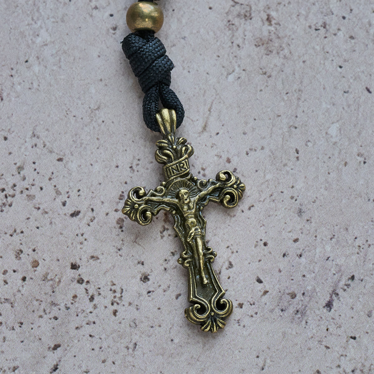 Matte White Crackle Beads with Ornate Brass Crucifix Rosary, Pocket Rosary
