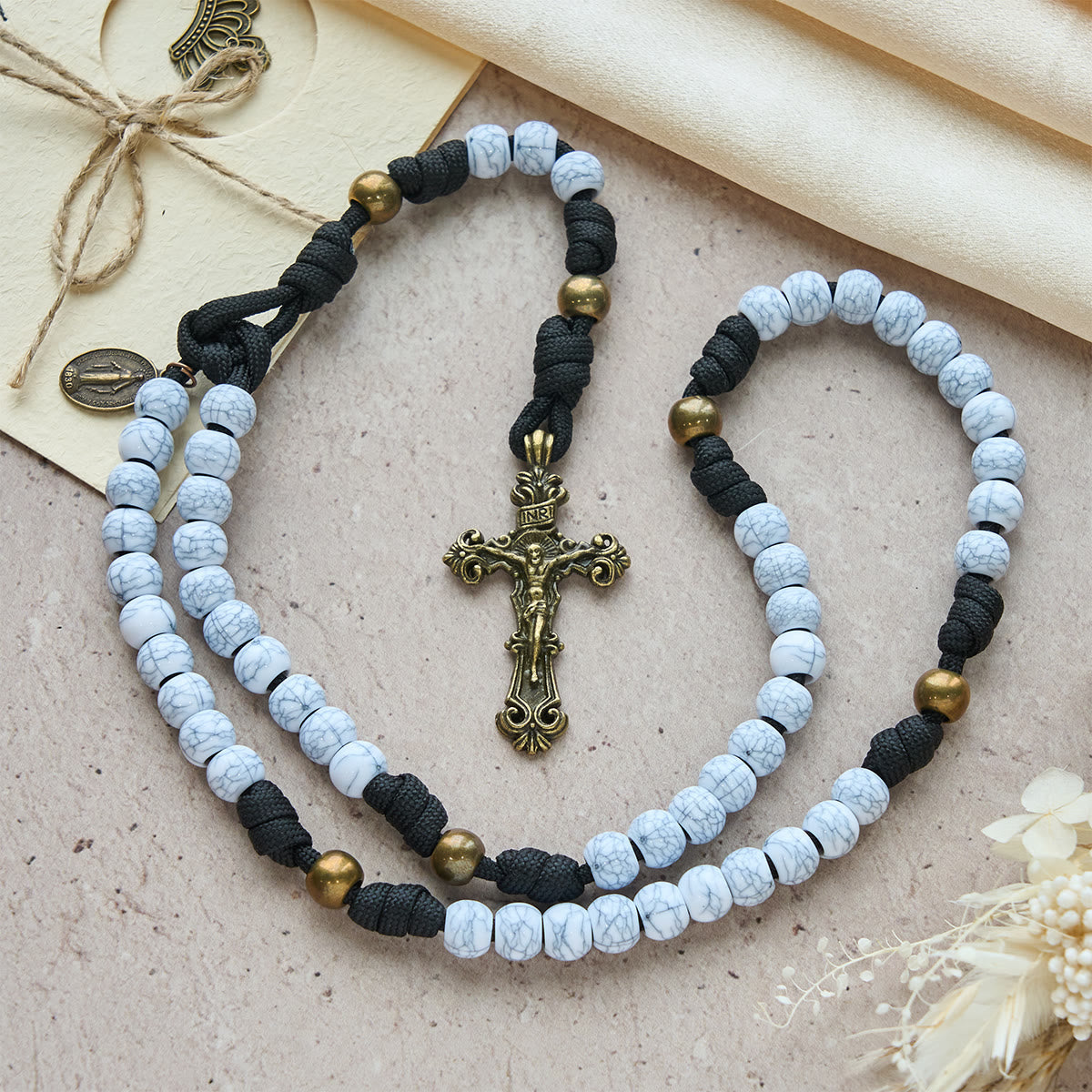 Matte White Crackle Beads with Ornate Brass Crucifix Rosary, Pocket Rosary