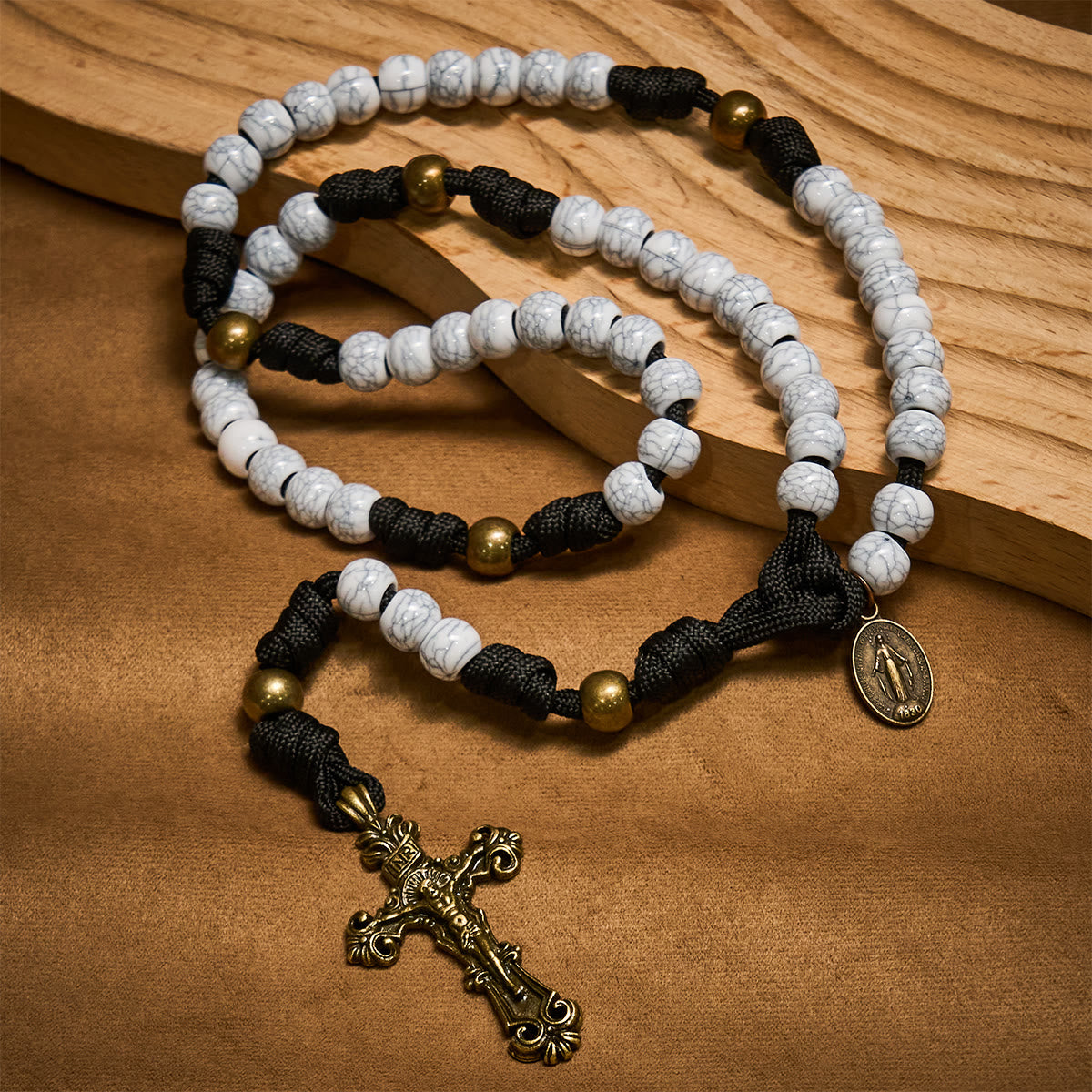 Matte White Crackle Beads with Ornate Brass Crucifix Rosary, Pocket Rosary