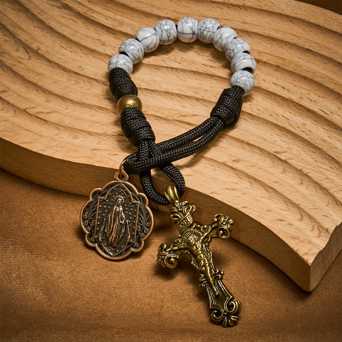 Matte White Crackle Beads Pocket Rosary with Brass Sacred Cross