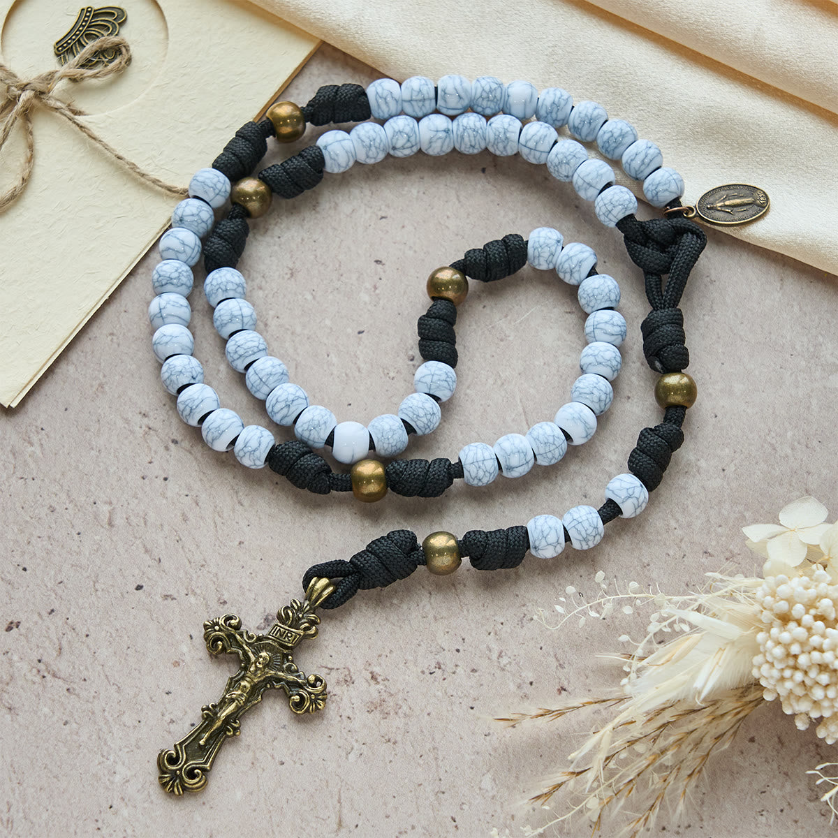 Matte White Crackle Beads with Ornate Brass Crucifix Rosary, Pocket Rosary