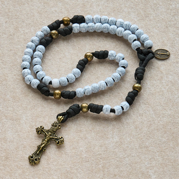 Matte White Crackle Beads with Ornate Brass Crucifix Rosary, Pocket Rosary