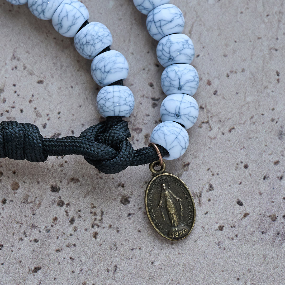 Matte White Crackle Beads with Ornate Brass Crucifix Rosary, Pocket Rosary