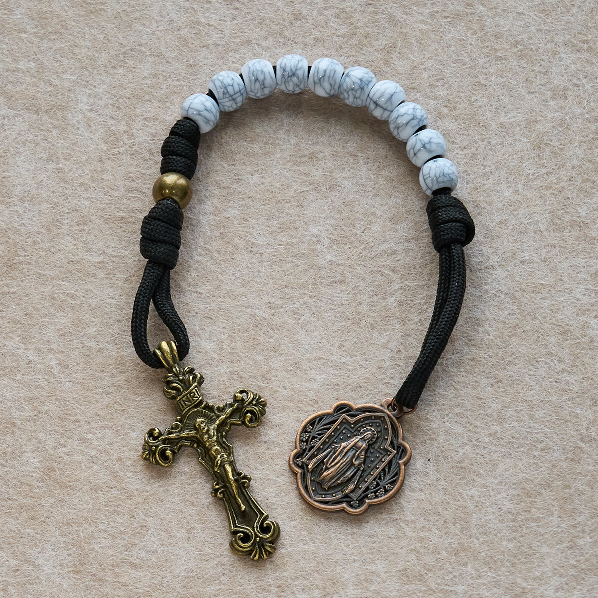 Matte White Crackle Beads Pocket Rosary with Brass Sacred Cross