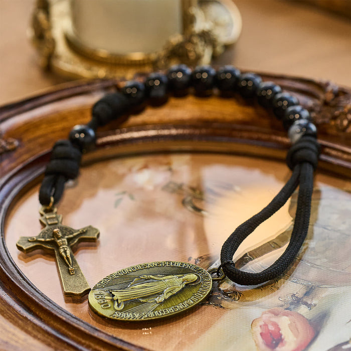 Classic Black Portable Faith Rosary with Bronze Our Lady with Crucifix