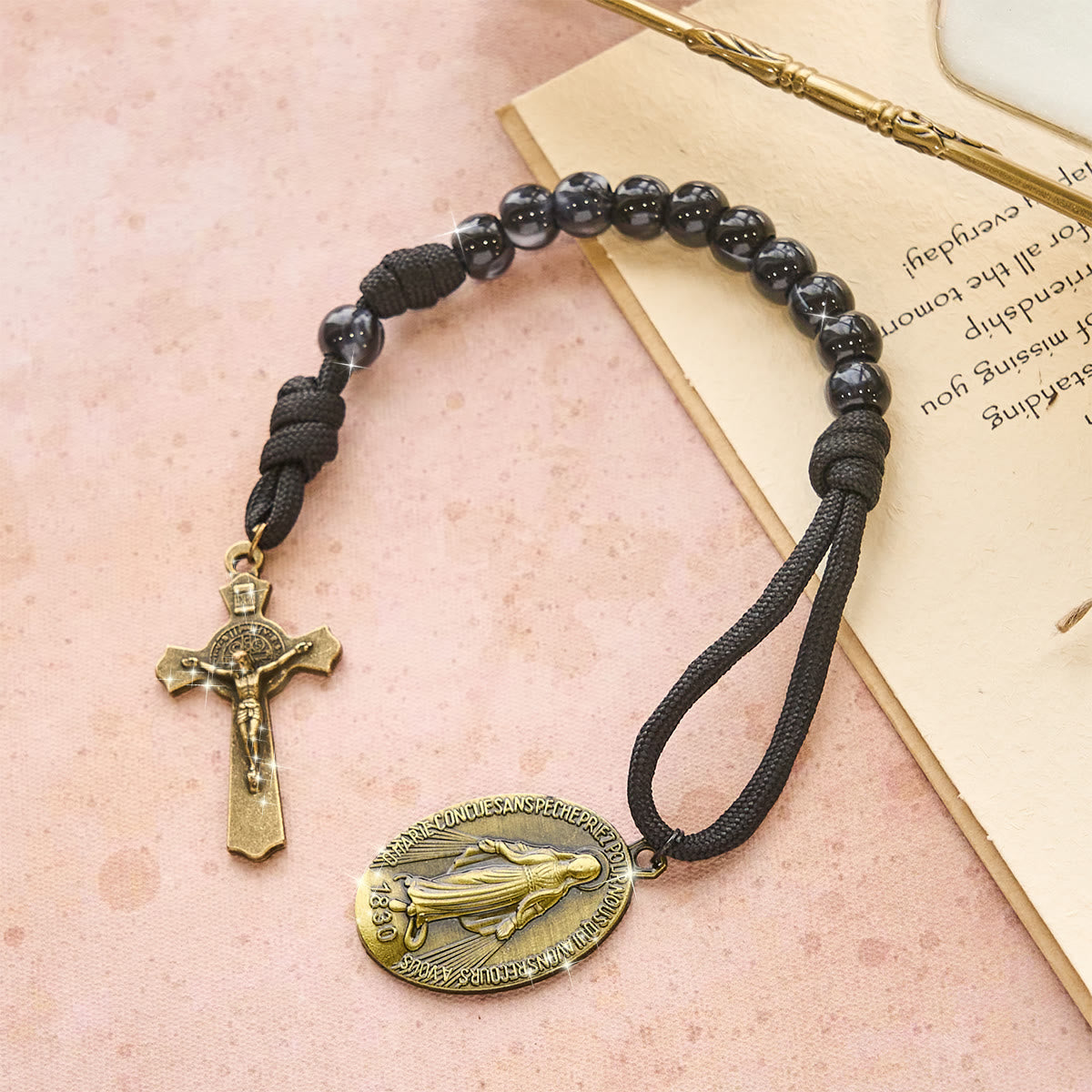 Classic Black Portable Faith Rosary with Bronze Our Lady with Crucifix