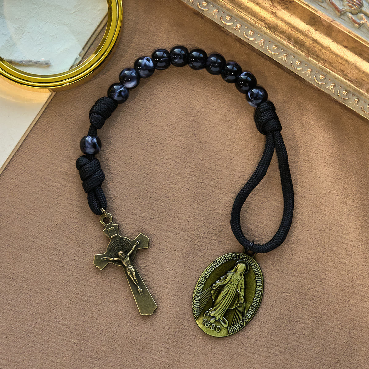 Classic Black Portable Faith Rosary with Bronze Our Lady with Crucifix