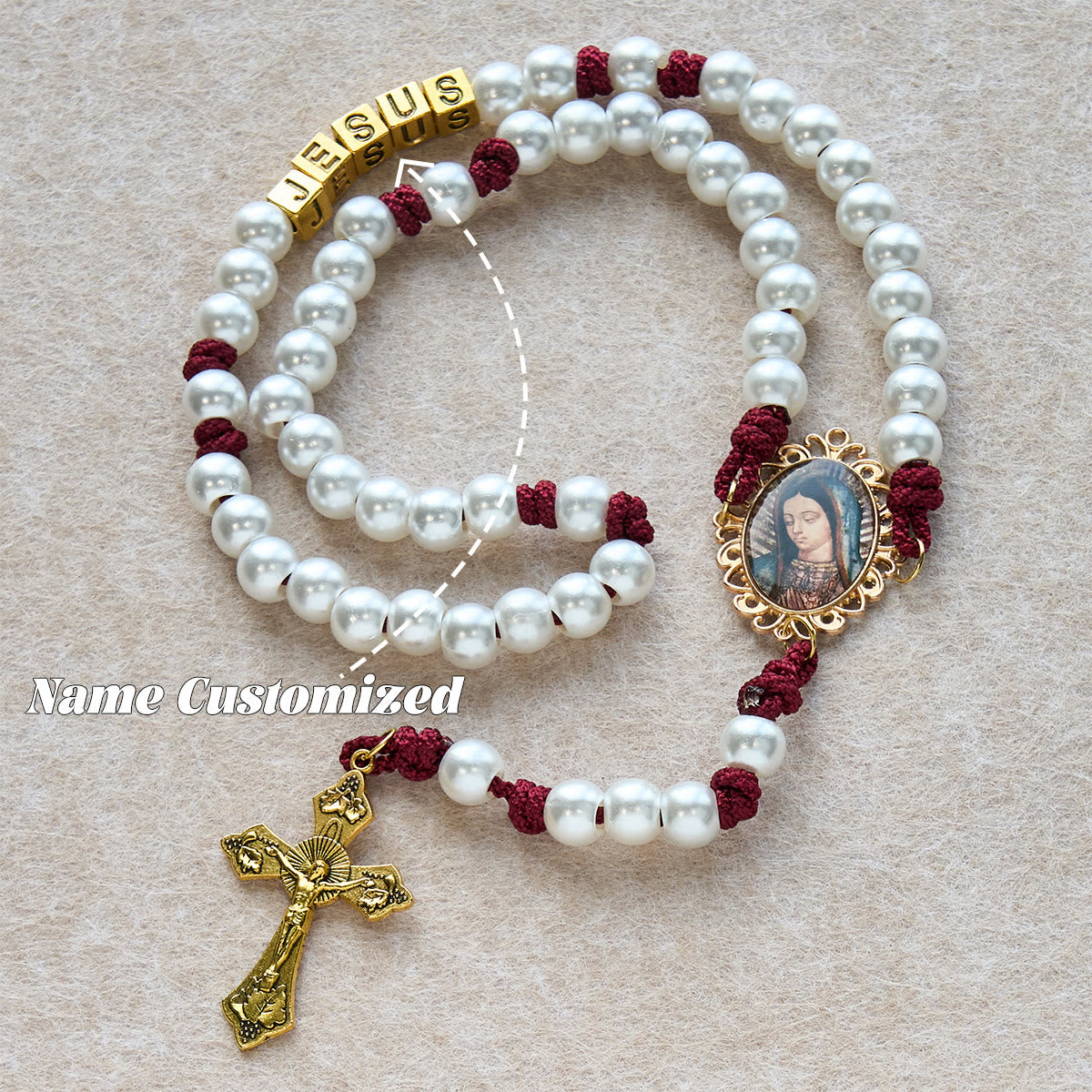 Graceful White Custom Rosary with Burgundy Paracord & Personalized JESUS Letters