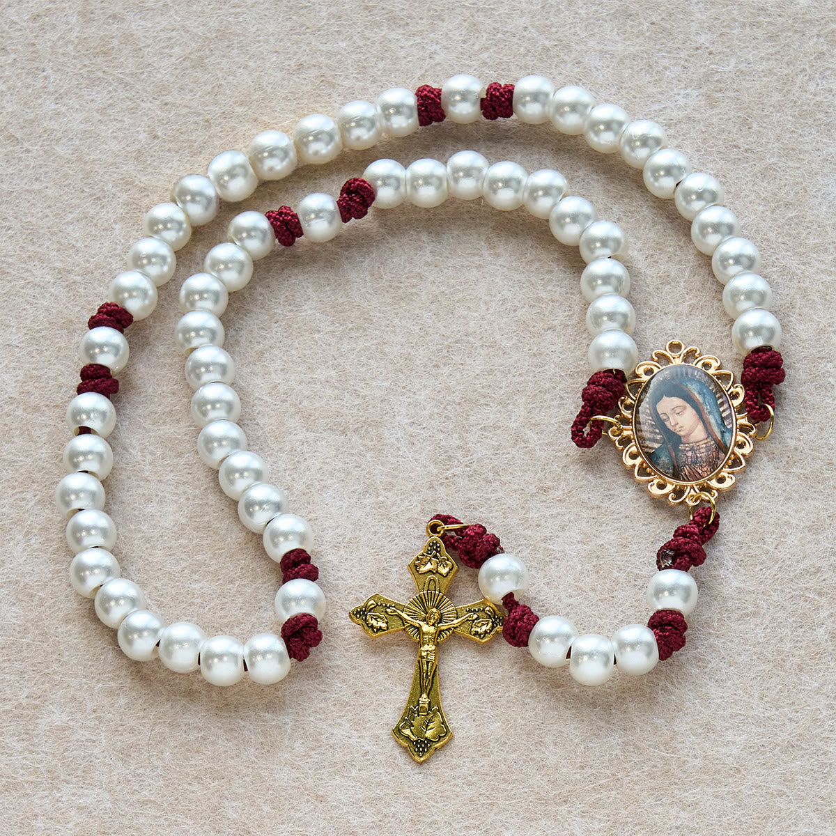 Graceful White Custom Rosary with Burgundy Paracord & Personalized JESUS Letters