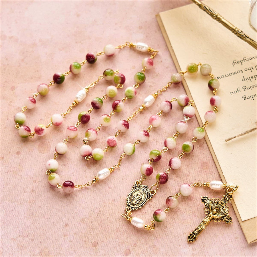 Vibrant Tourmaline Rosary with Golden Chain & Christ Crucifix