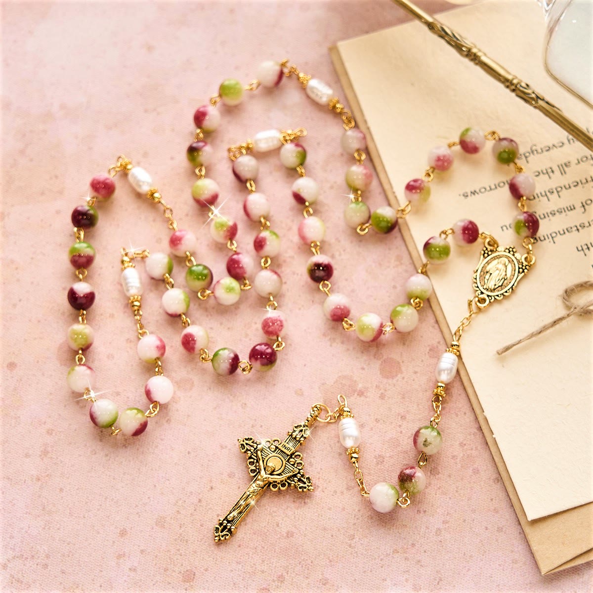 Vibrant Tourmaline Rosary with Golden Chain & Christ Crucifix