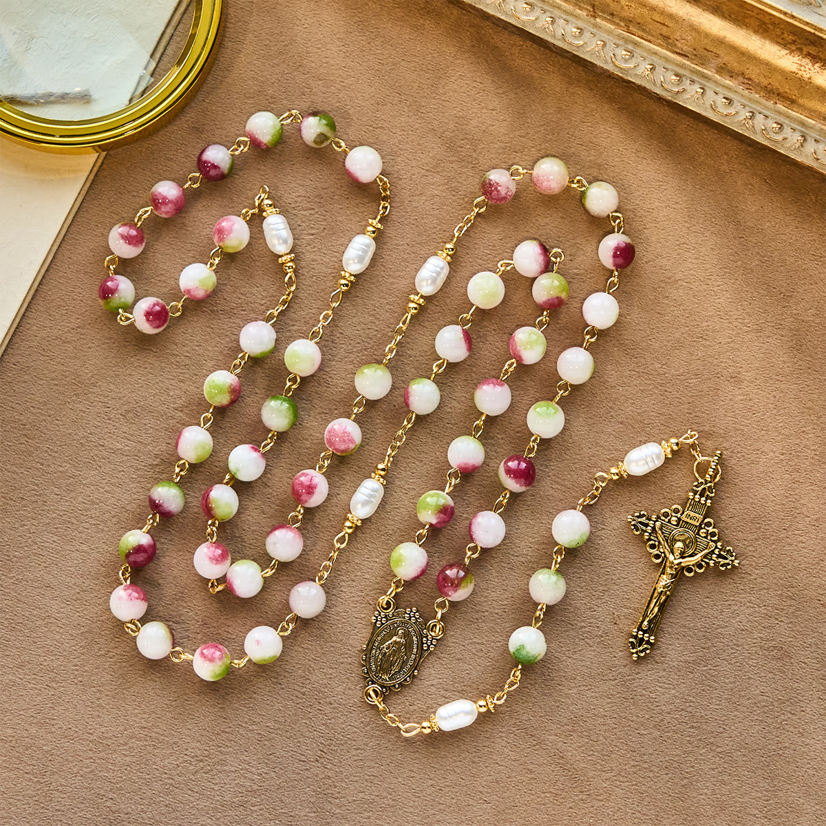 Vibrant Tourmaline Rosary with Golden Chain & Christ Crucifix