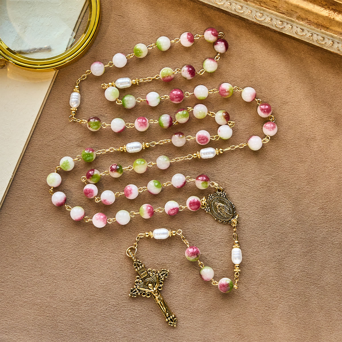 Vibrant Tourmaline Rosary with Golden Chain & Christ Crucifix