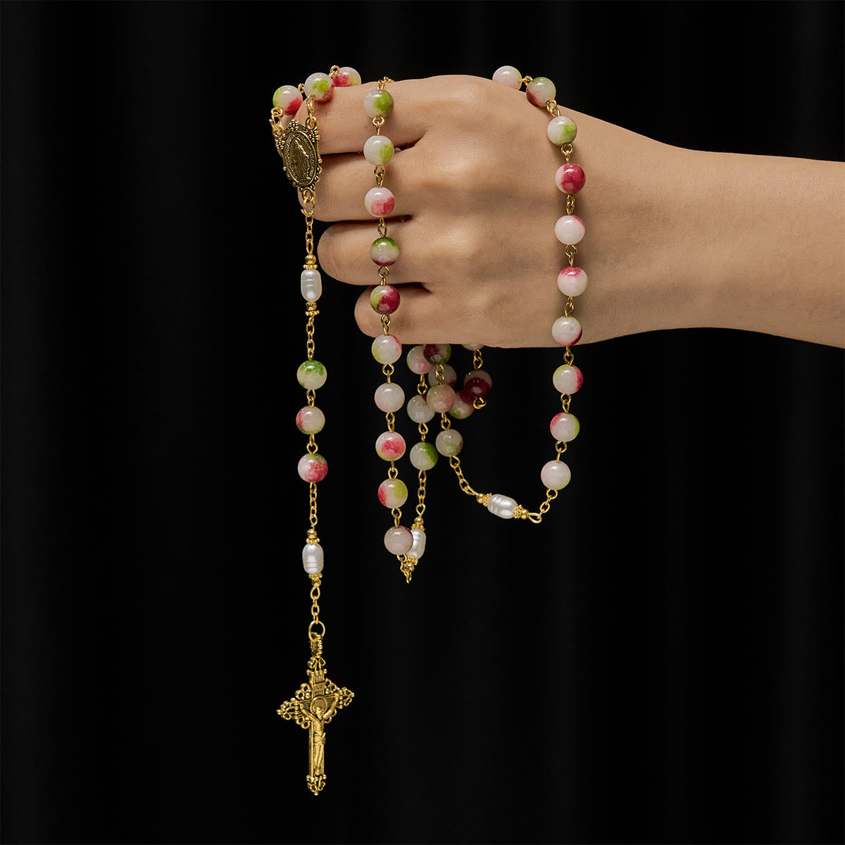 Vibrant Tourmaline Rosary with Golden Chain & Christ Crucifix