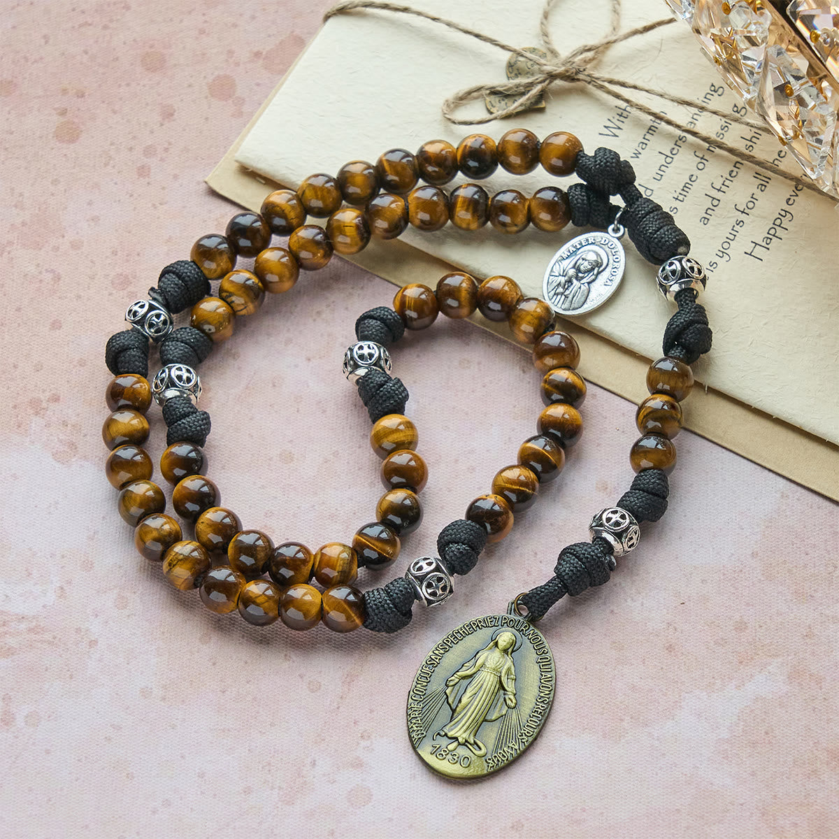 Our Lady-Centered Paracord Rosary: Tiger Eye Beads & Timeless Medal Grace
