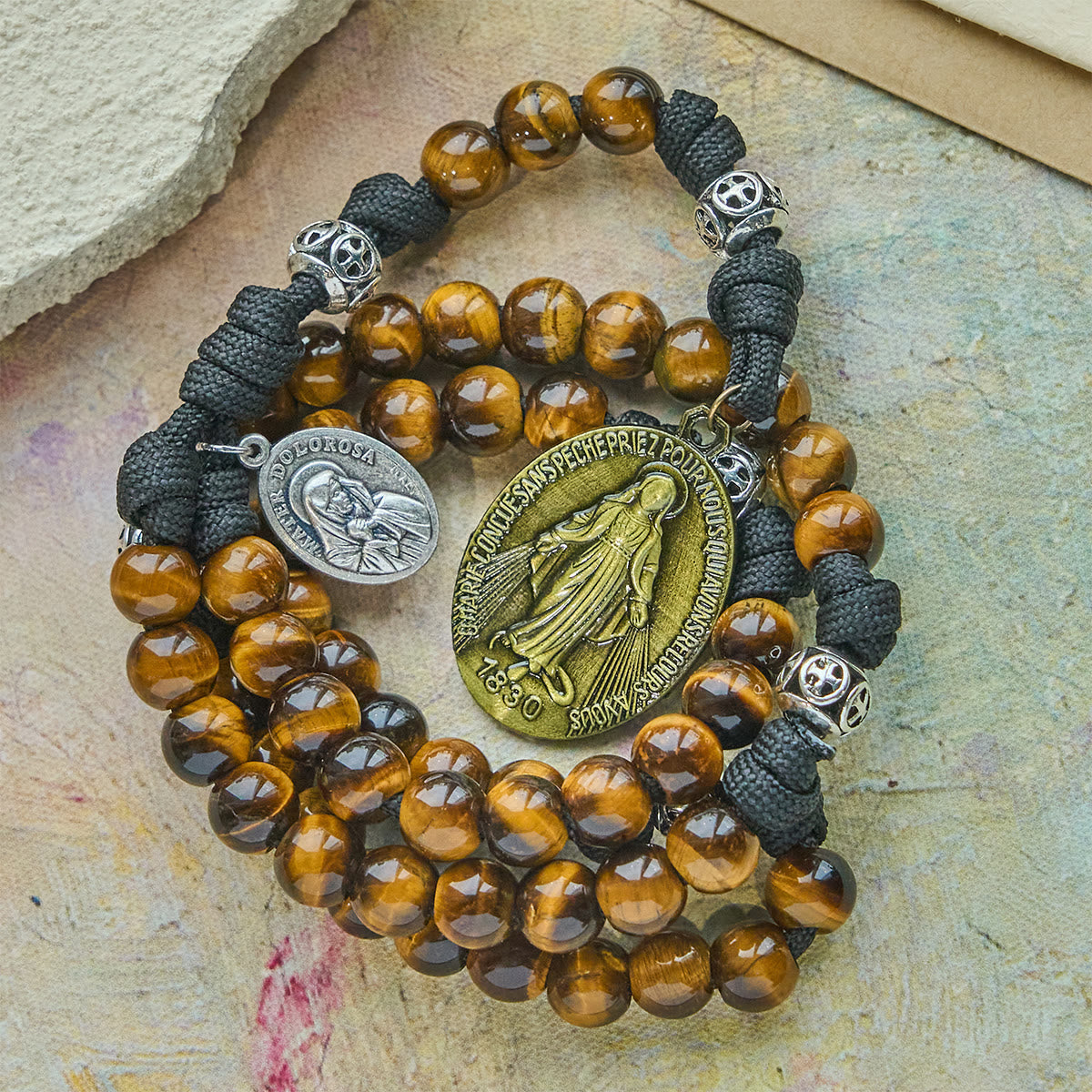 Our Lady-Centered Paracord Rosary: Tiger Eye Beads & Timeless Medal Grace
