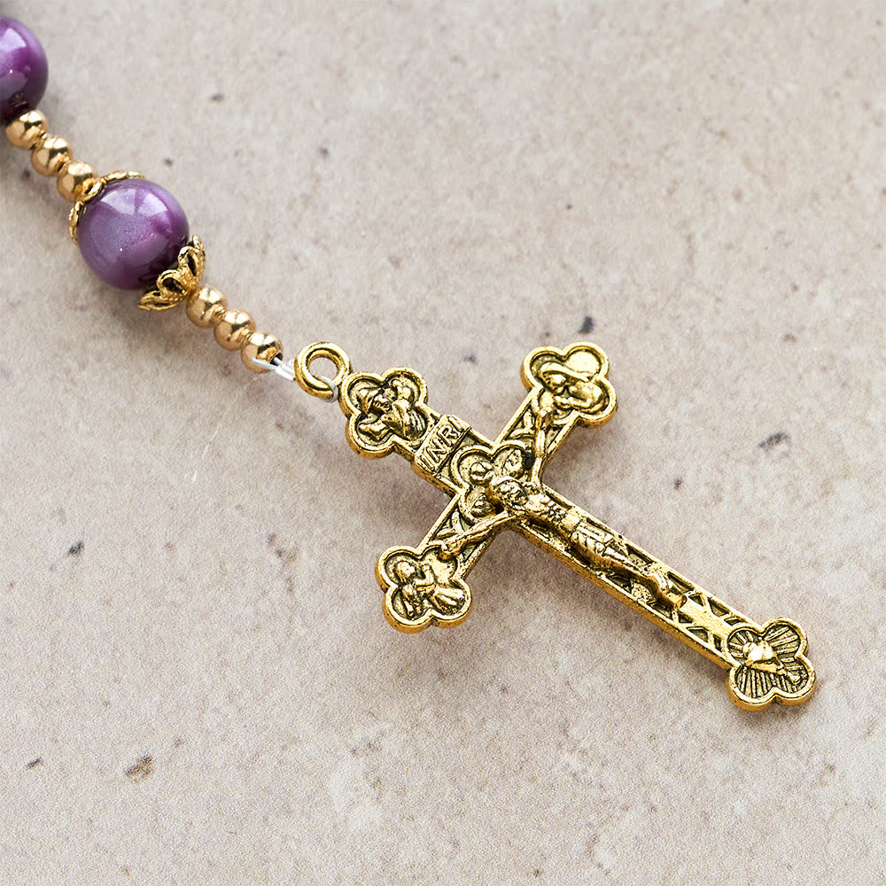 Canvas-Style Shimmery Purple Rosary with Our Lady: Gilded Faith Devotion