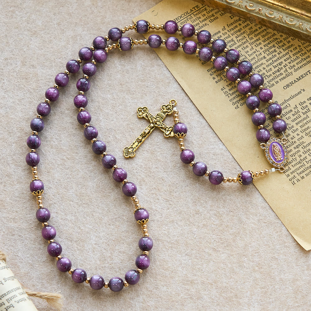 Canvas-Style Shimmery Purple Rosary with Our Lady: Gilded Faith Devotion