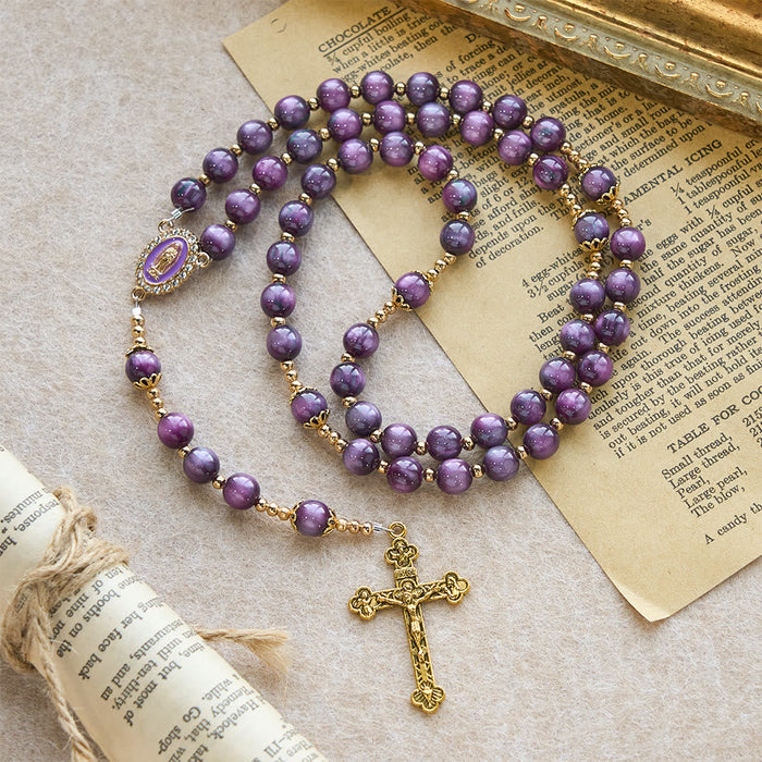 Canvas-Style Shimmery Purple Rosary with Our Lady: Gilded Faith Devotion