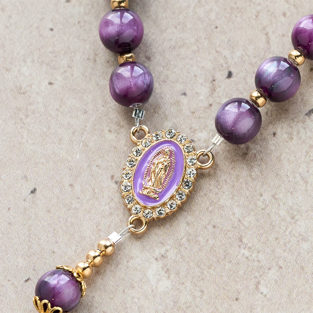 Canvas-Style Shimmery Purple Rosary with Our Lady: Gilded Faith Devotion