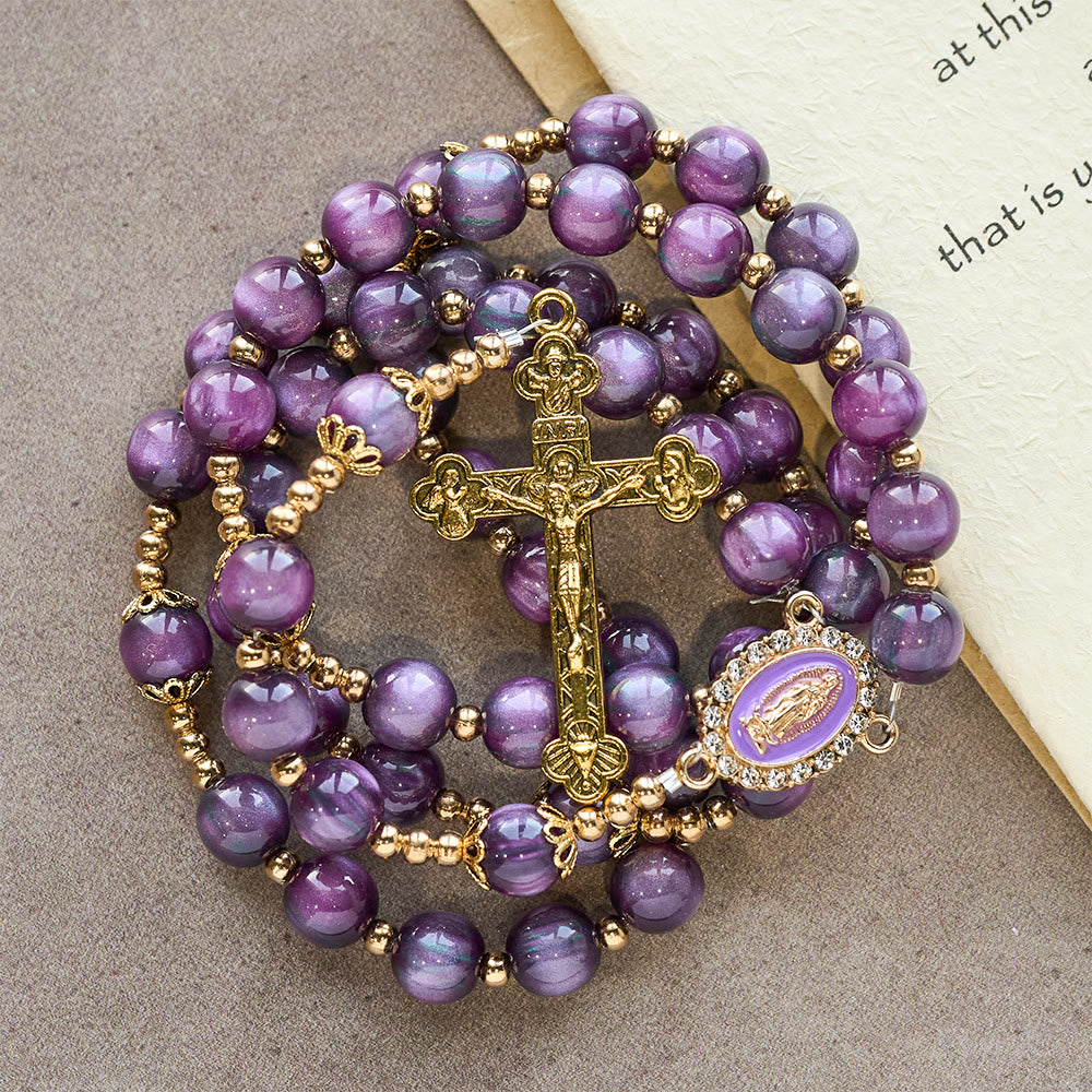 Canvas-Style Shimmery Purple Rosary with Our Lady: Gilded Faith Devotion
