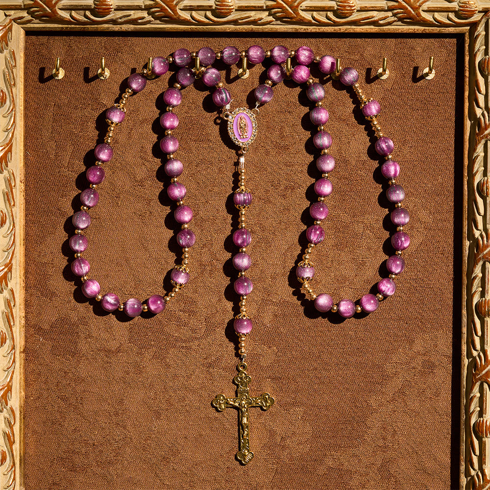 Canvas-Style Shimmery Purple Rosary with Our Lady: Gilded Faith Devotion