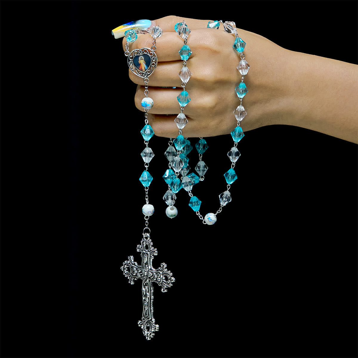 Blessed Aqua & White Devotion Rosary with Our Lady Heart Charm: Merge Light and Faith