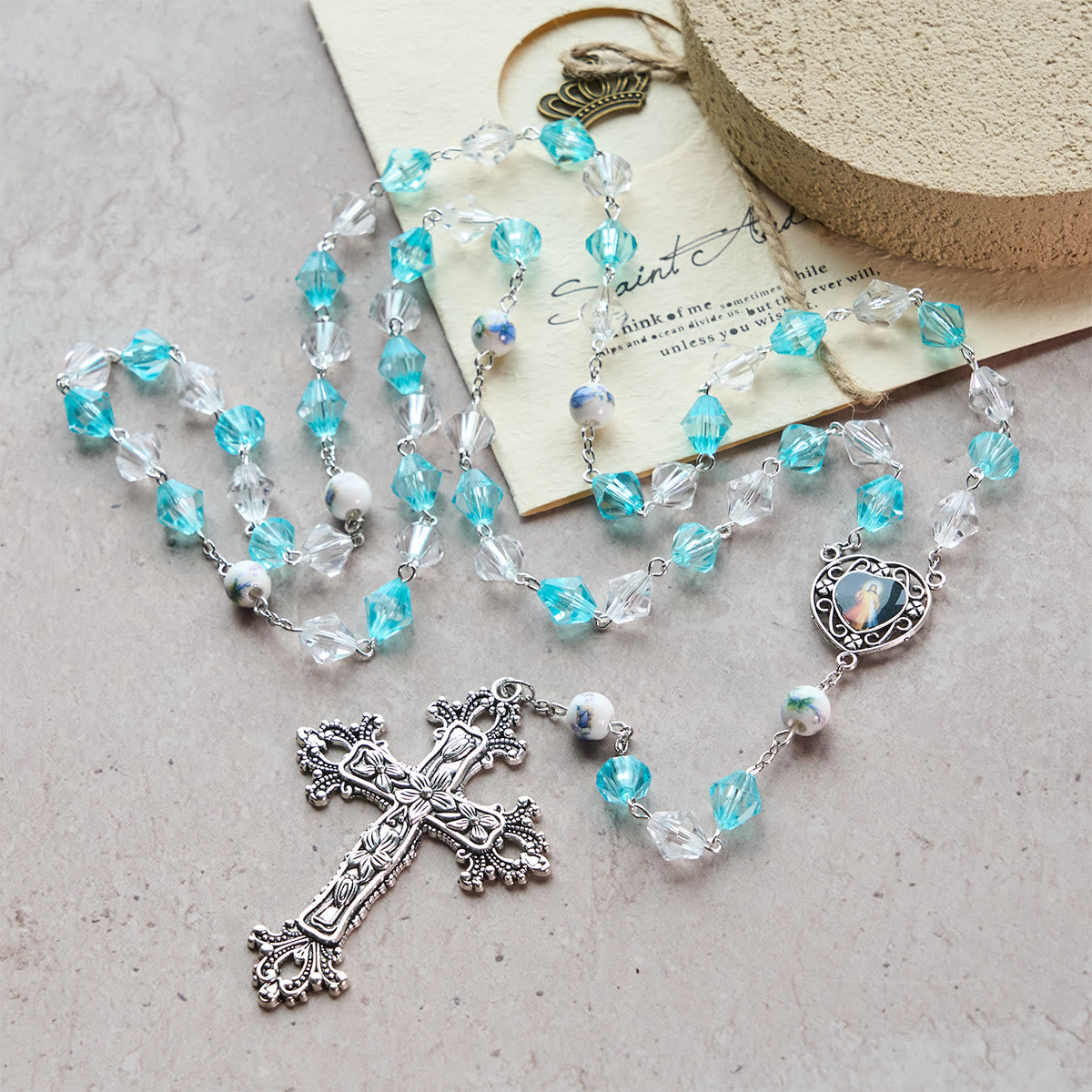 Blessed Aqua & White Devotion Rosary with Our Lady Heart Charm: Merge Light and Faith