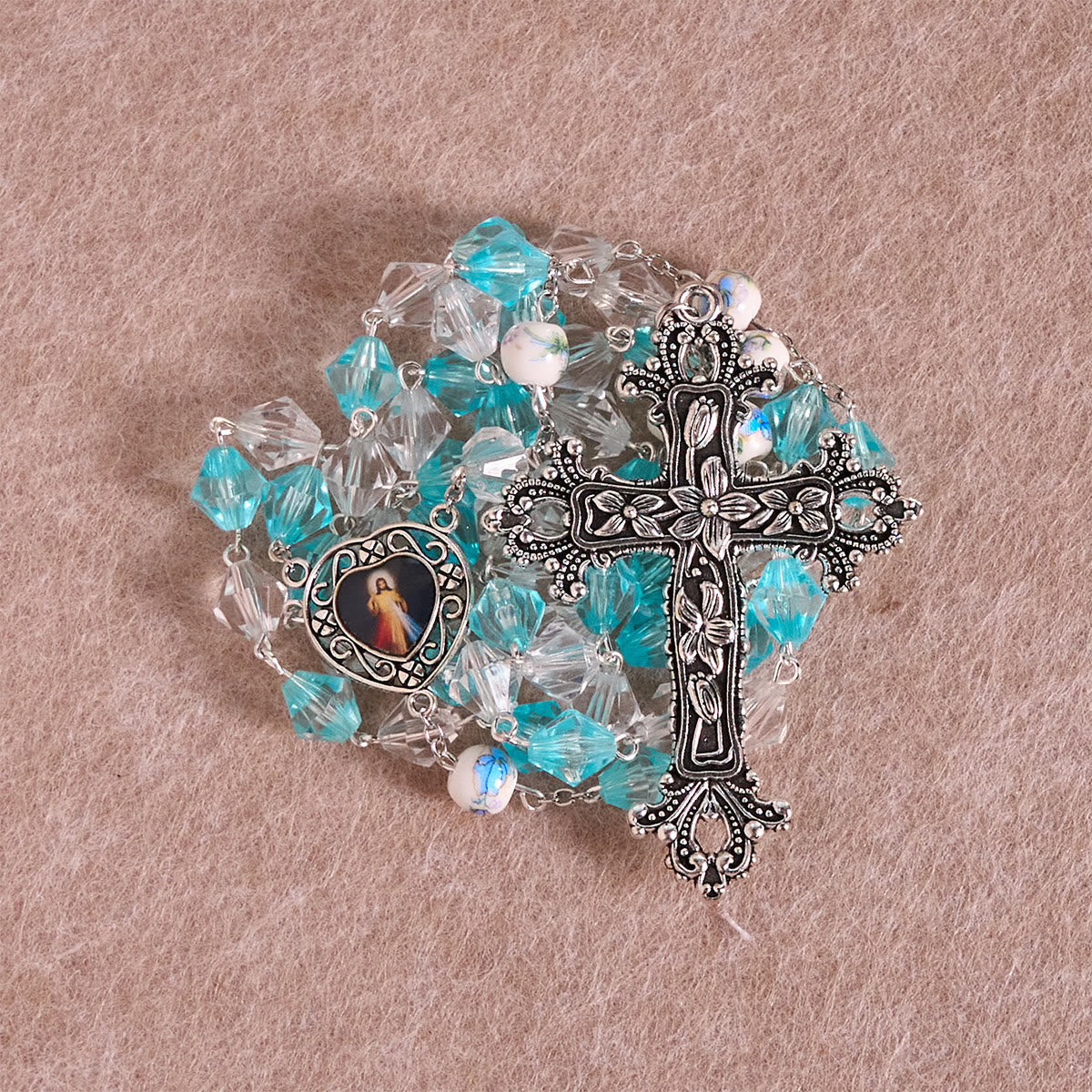 Blessed Aqua & White Devotion Rosary with Our Lady Heart Charm: Merge Light and Faith