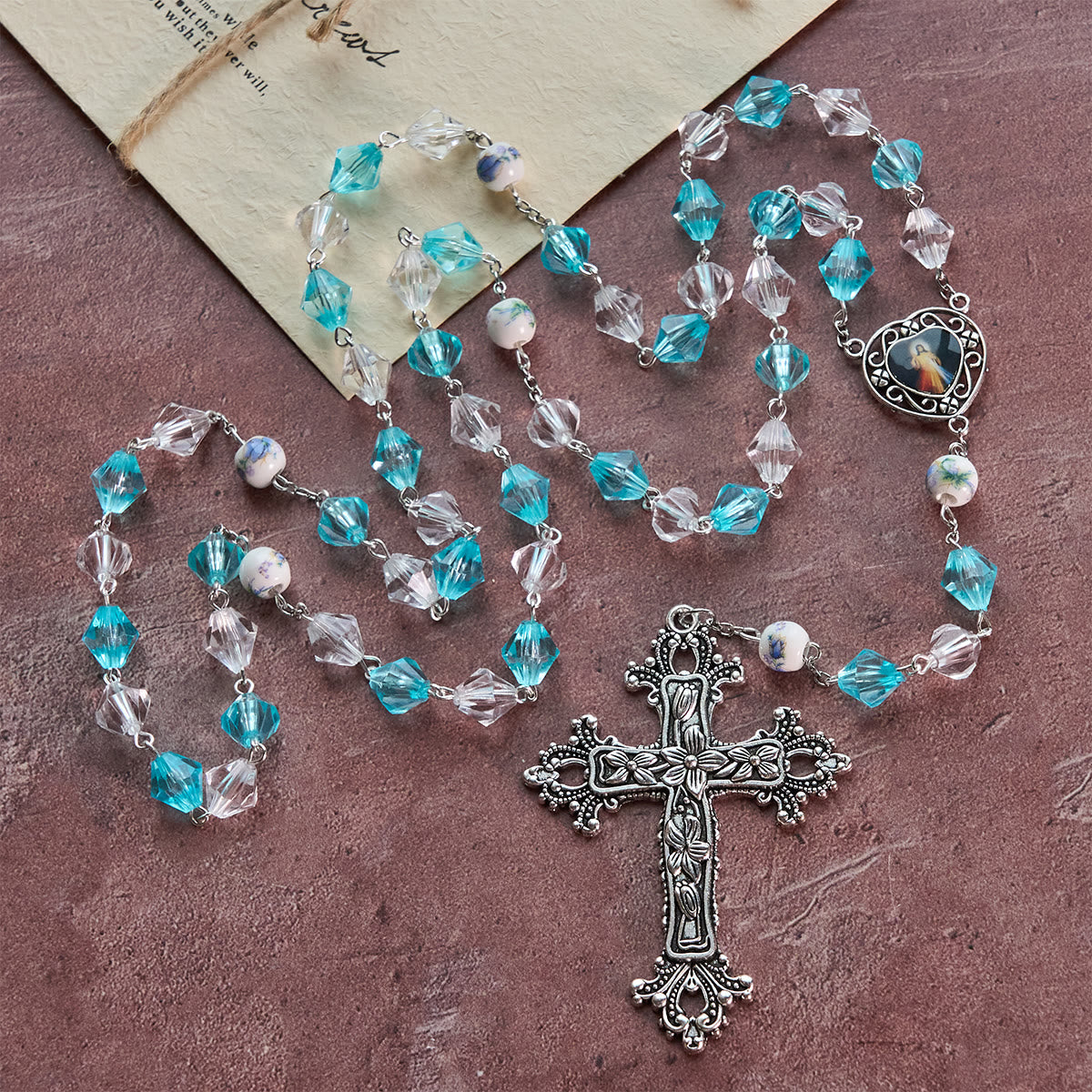 Blessed Aqua & White Devotion Rosary with Our Lady Heart Charm: Merge Light and Faith