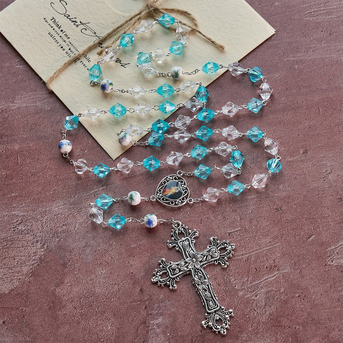 Blessed Aqua & White Devotion Rosary with Our Lady Heart Charm: Merge Light and Faith