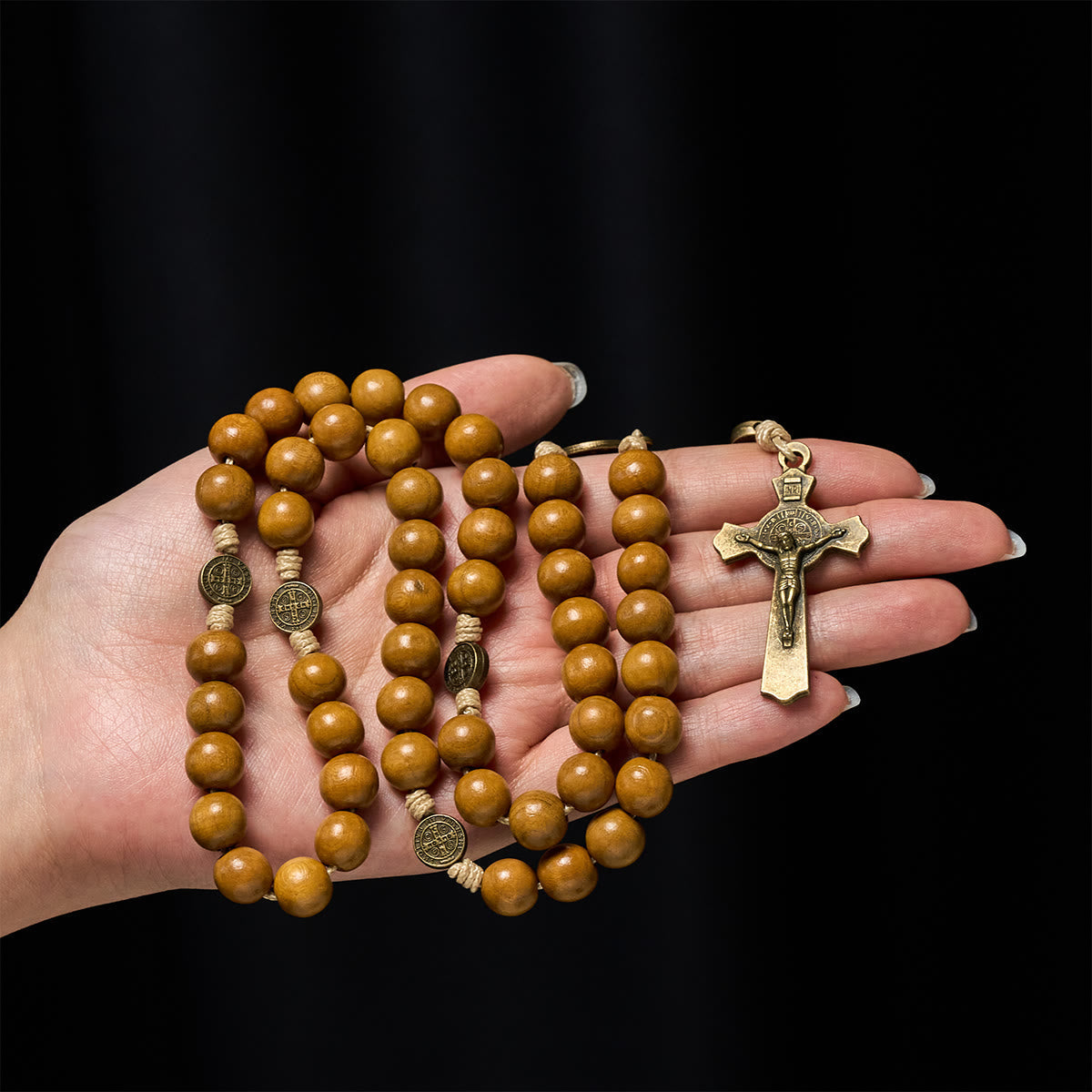 Blessed St. Benedict Guardian Rosary: Peach Wood Beads & Holy Crucifix