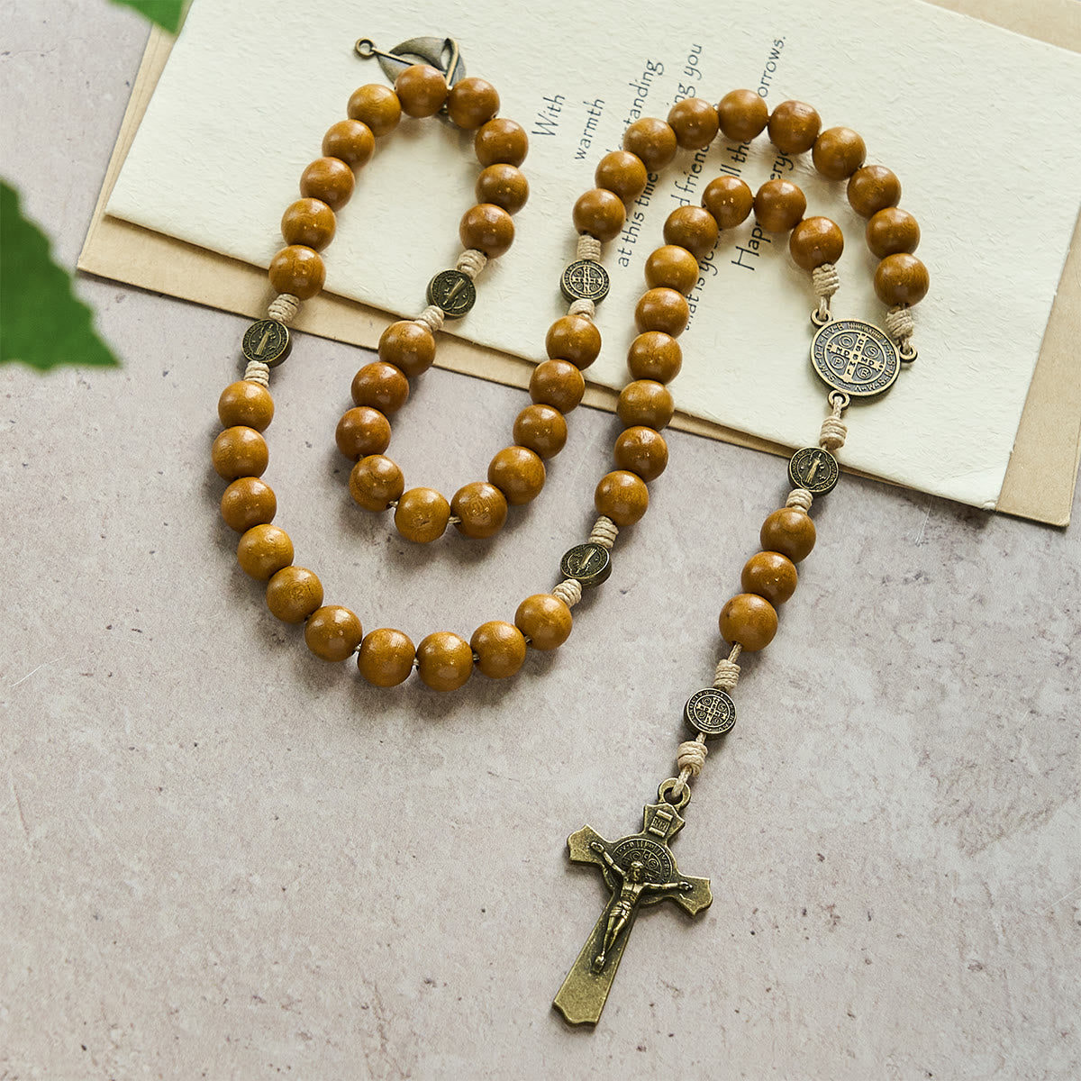 Blessed St. Benedict Guardian Rosary: Peach Wood Beads & Holy Crucifix