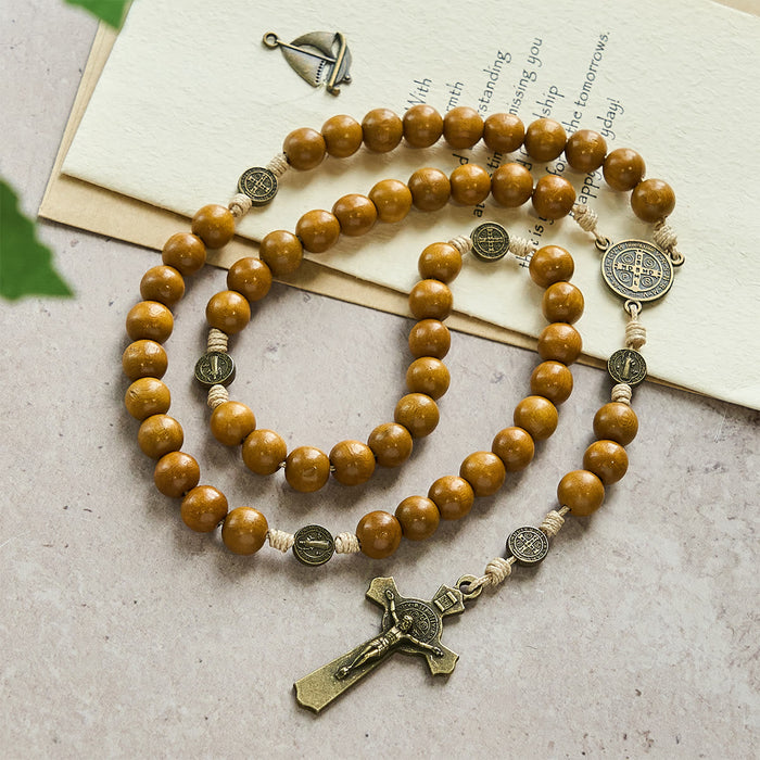 Blessed St. Benedict Guardian Rosary: Peach Wood Beads & Holy Crucifix