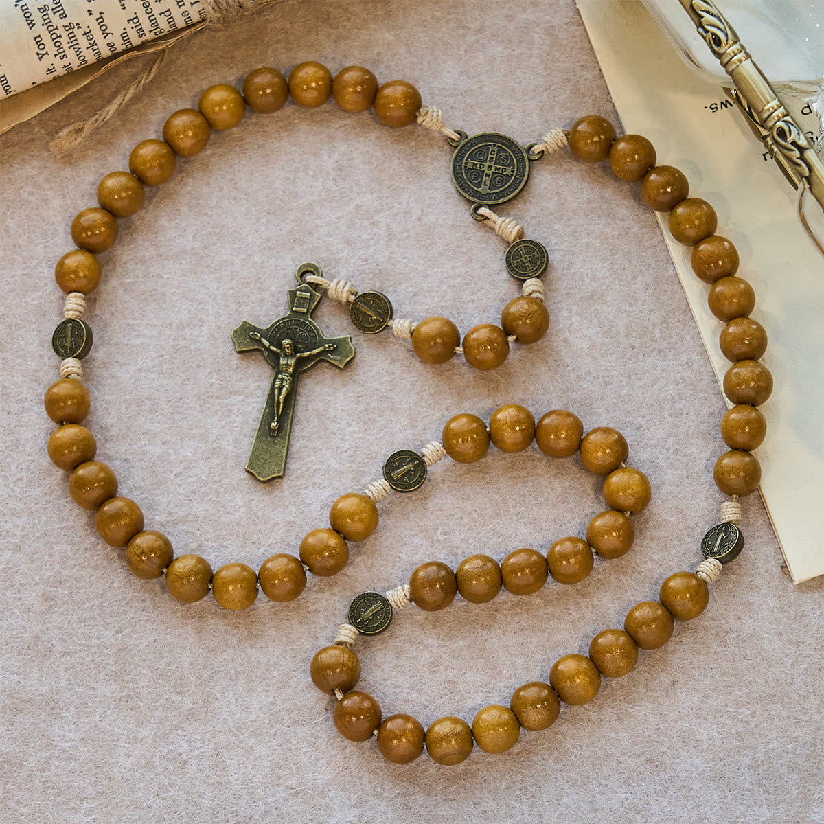 Blessed St. Benedict Guardian Rosary: Peach Wood Beads & Holy Crucifix