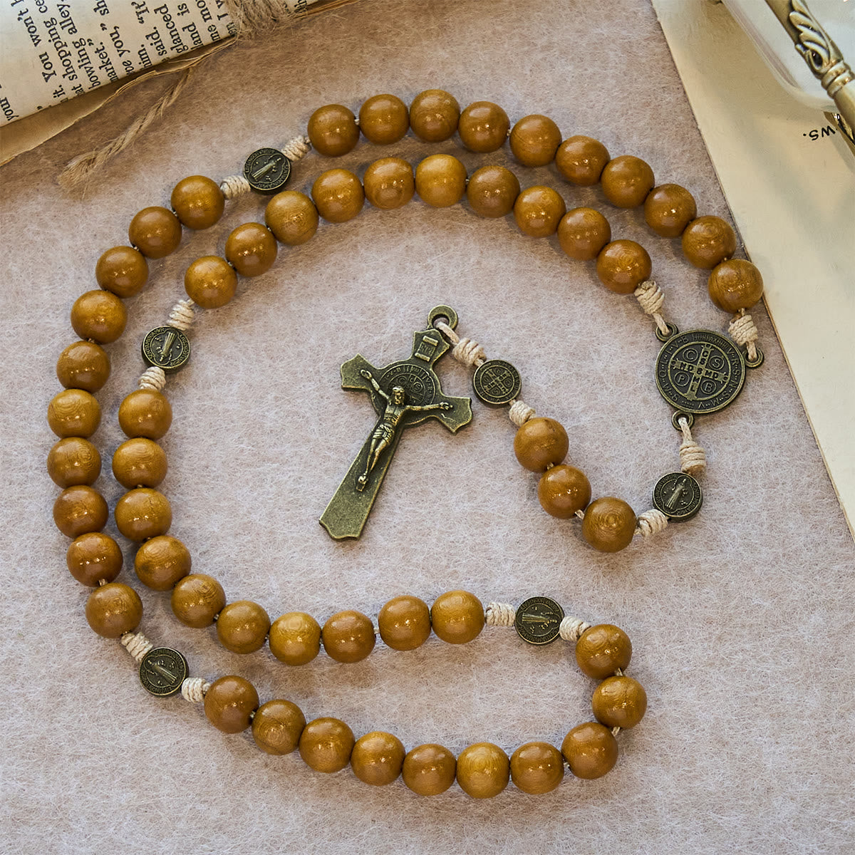 Blessed St. Benedict Guardian Rosary: Peach Wood Beads & Holy Crucifix