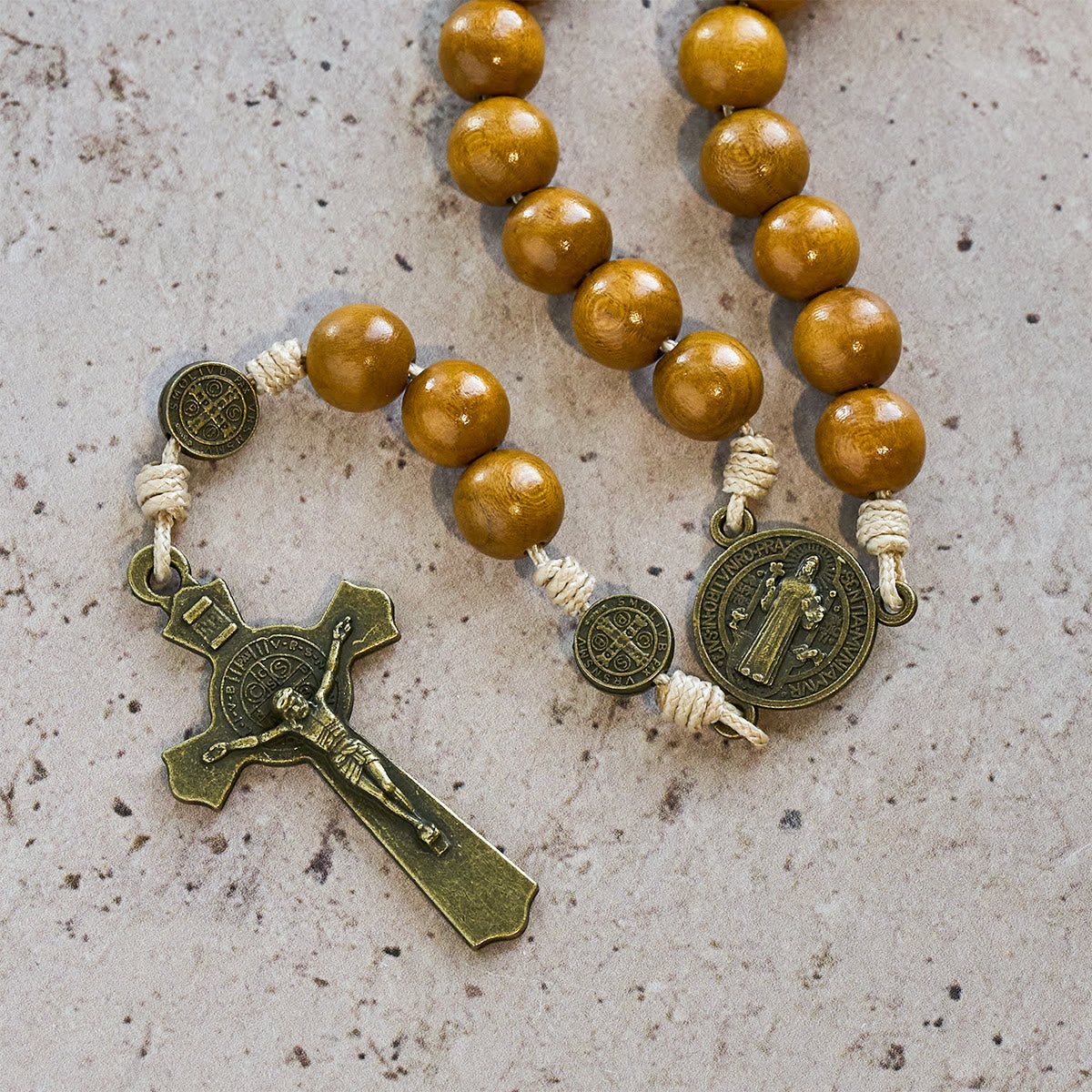 Blessed St. Benedict Guardian Rosary: Peach Wood Beads & Holy Crucifix