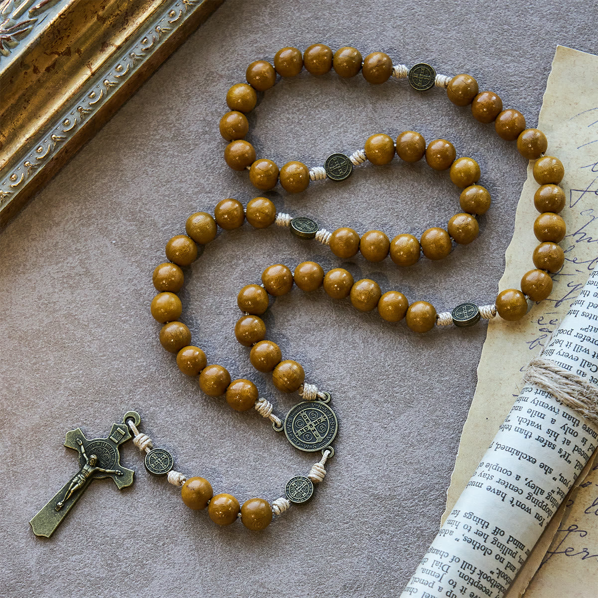 Blessed St. Benedict Guardian Rosary: Peach Wood Beads & Holy Crucifix