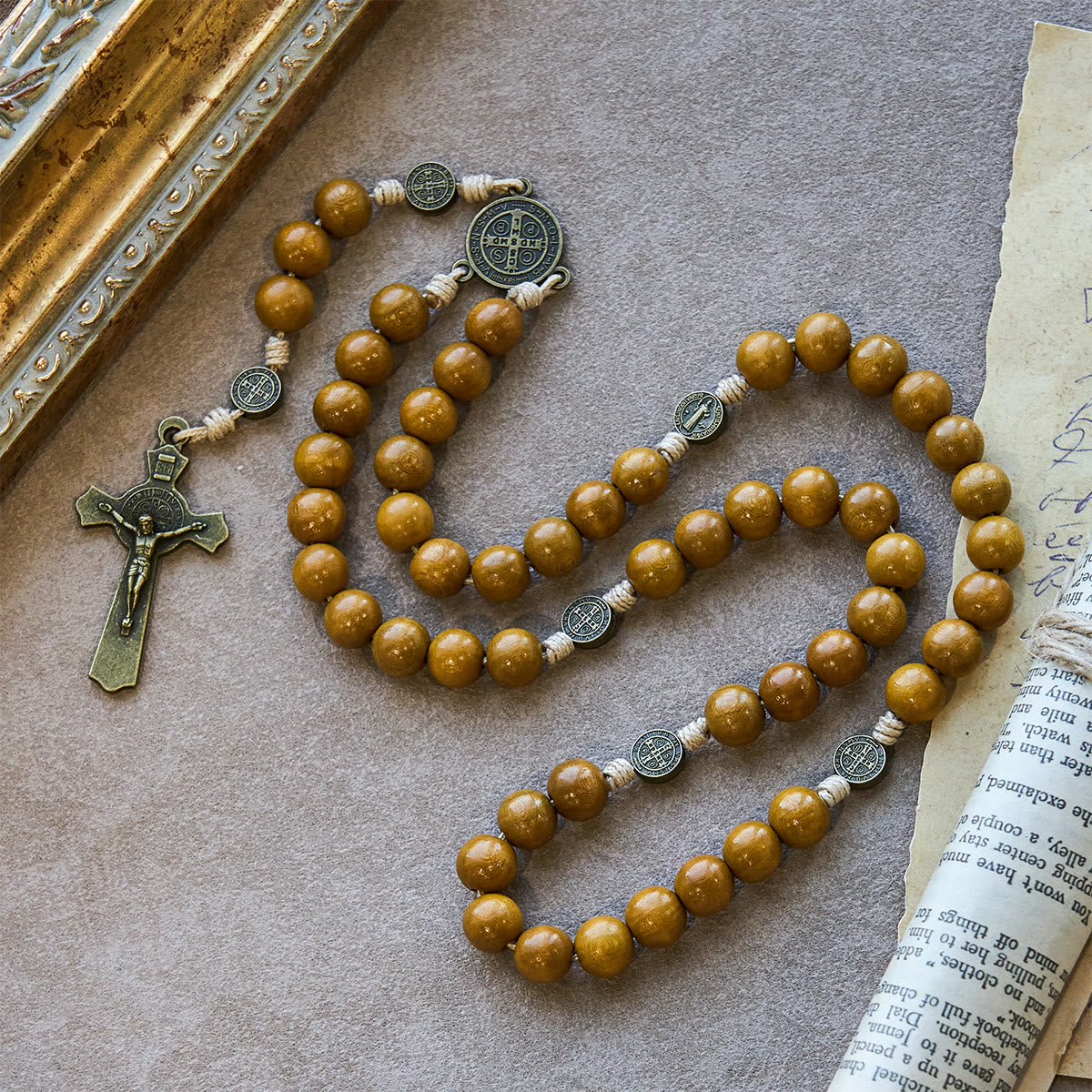 Blessed St. Benedict Guardian Rosary: Peach Wood Beads & Holy Crucifix