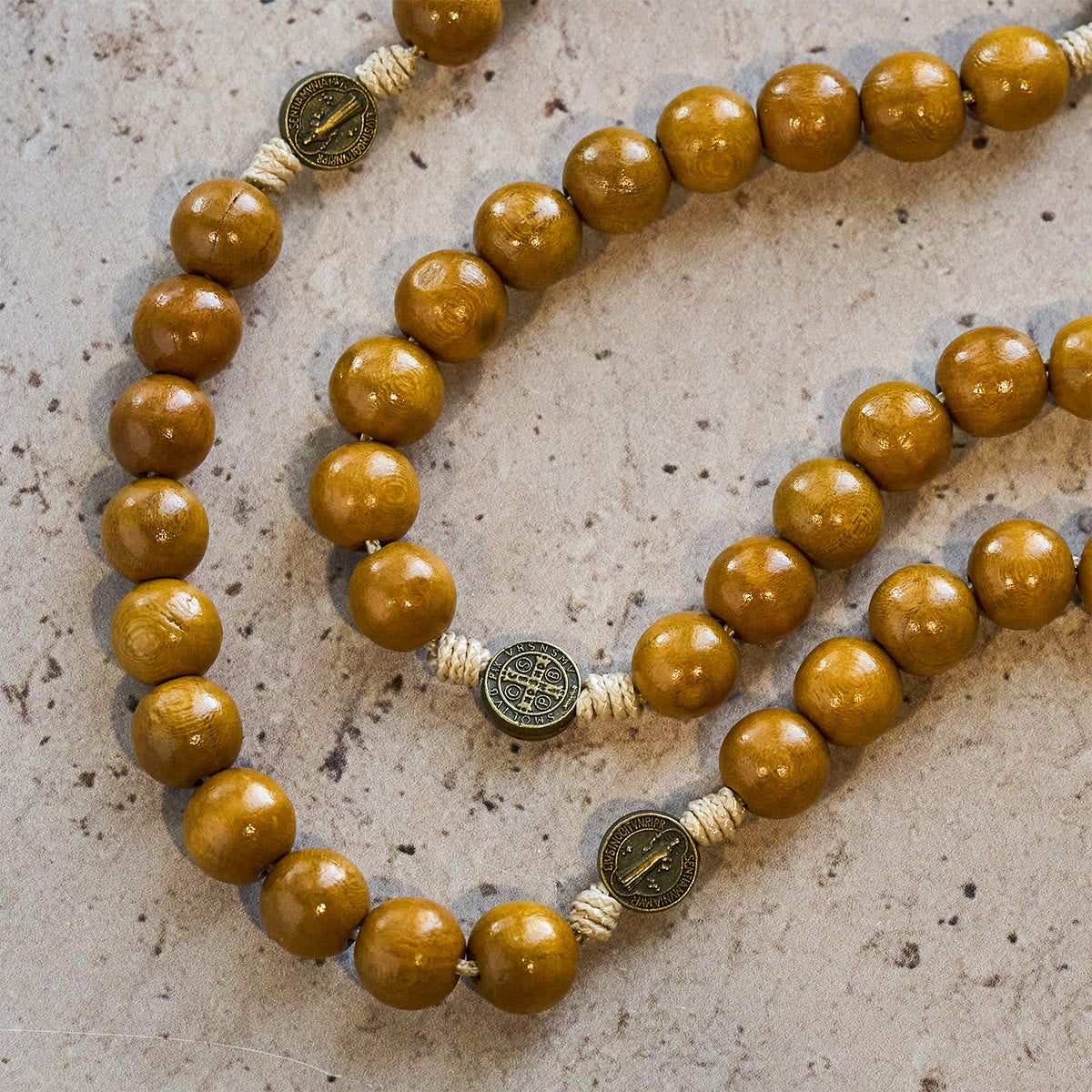 Blessed St. Benedict Guardian Rosary: Peach Wood Beads & Holy Crucifix