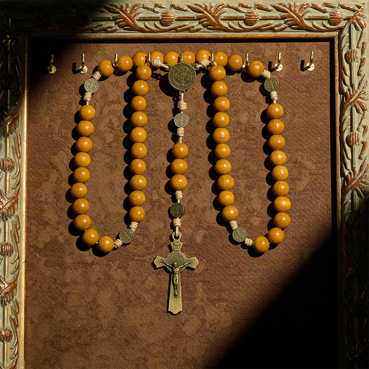Blessed St. Benedict Guardian Rosary: Peach Wood Beads & Holy Crucifix