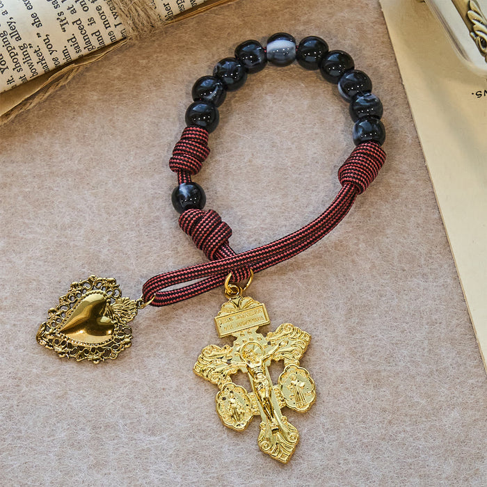 Portable Faith Pocket Rosary: Black Beads, Woven Cord & Sacred Gilded Charm